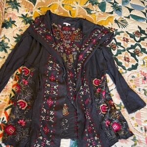 Catie Embroidered Hooded Open-Front Sweater Cardigan - Dark Gray & Pink